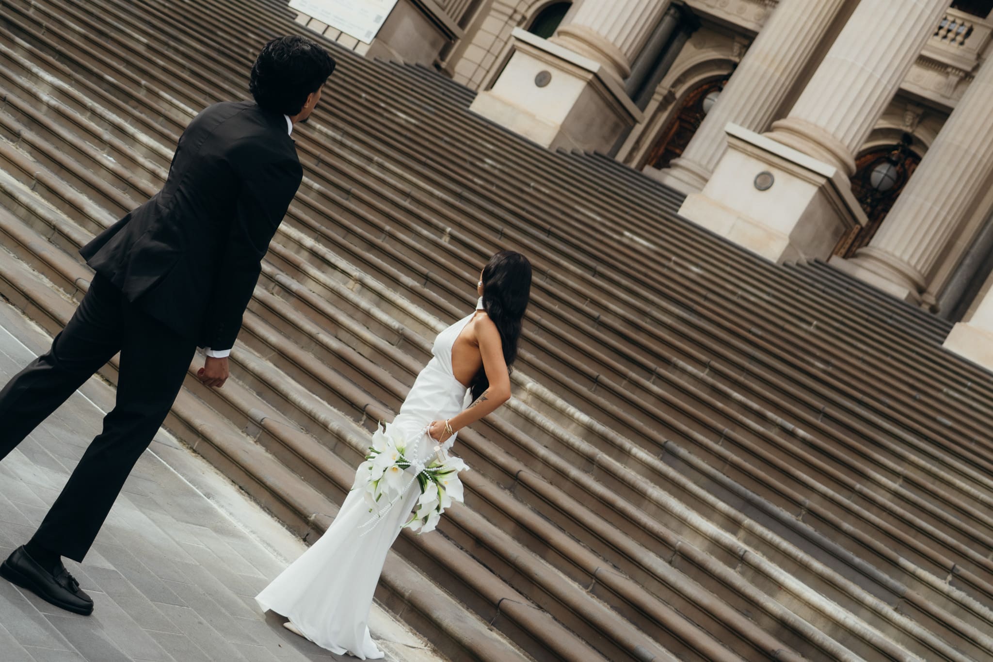 Steps of Old Parliament in Melbourne, City elopement, Christian wedding, scripture reading