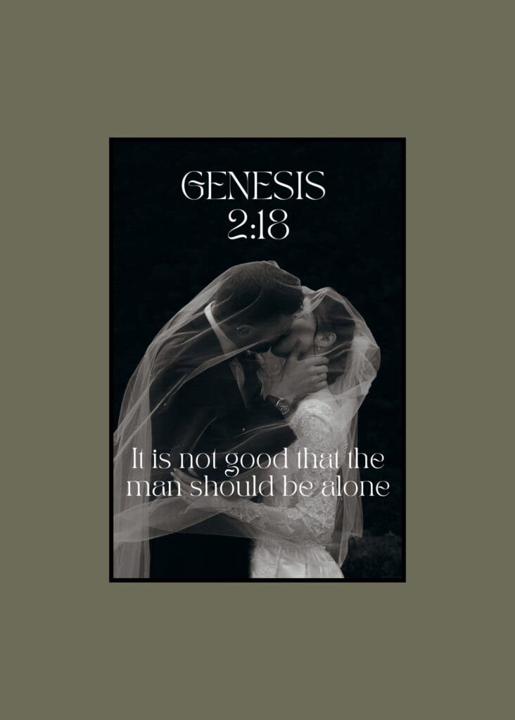Genesis 2:18 It is not good that man should be alone. Aesthetic bible verse for wedding. Biblical marriage. Christian wedding photographer